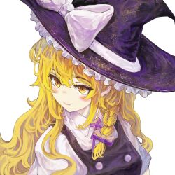 Rule 34 | 1girl, absurdres, blonde hair, blush, bow, breasts, closed mouth, commentary request, from above, hair between eyes, hair bow, hair ribbon, hat, hat bow, highres, kirisame marisa, light smile, long hair, looking to the side, medium breasts, naru mei, purple bow, ribbon, simple background, solo, tilted headwear, touhou, tress ribbon, upper body, very long hair, wavy hair, white background, white bow, wing collar, witch hat, yellow eyes