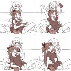 Rule 34 | 10s, 2girls, :d, blush, bow, closed eyes, comic, controller, drill hair, fang, female focus, full-face blush, game controller, gamepad, hair bow, hair ornament, hand on another&#039;s cheek, hand on another&#039;s face, hobbang, hug, kiss, long hair, mahou shoujo madoka magica, mahou shoujo madoka magica (anime), monochrome, multiple girls, musical note, open mouth, pantyhose, pillow, playing games, ponytail, sakura kyoko, sitting, smile, sweatdrop, thighhighs, tomoe mami, twin drills, twintails, yuri
