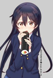 Rule 34 | 1girl, blue hair, blush, commentary request, eating, food, hair between eyes, holding, holding food, long hair, looking at viewer, love live!, love live! school idol project, makizushi, open mouth, otonokizaka school uniform, school uniform, simple background, skull573, solo, sonoda umi, sushi, yellow eyes