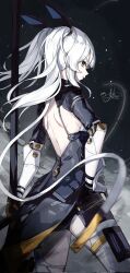 Rule 34 | 1girl, animal ears, backless outfit, dated, fake animal ears, grey thighhighs, headgear, highres, holding, holding weapon, huge weapon, joints, karenina: scire (punishing: gray raven), karenina (punishing: gray raven), long hair, mechanical arms, orange eyes, parted lips, punishing: gray raven, rabbit ears, robot joints, sidelocks, signature, solo, sw haze, thighhighs, twintails, weapon, white hair