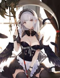 Rule 34 | 1girl, apron, black dress, black thighhighs, braid, breasts, brown eyes, cleavage, commentary request, dress, expressionless, feathered wings, feathers, fingerless gloves, glint, gloves, headdress, holding, holding scythe, key, looking at viewer, maid, maid apron, maid headdress, medium breasts, medium hair, nail polish, original, scythe, short sleeves, sidelocks, silver hair, solo, thighhighs, waist apron, wings, yukisame, zettai ryouiki