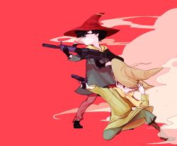 Rule 34 | 2boys, black gloves, boots, brown footwear, character request, covered mouth, father and son, full body, gloves, gun, hand on headwear, hat, highres, judy6241, male focus, moomin, multiple boys, on one knee, outstretched arm, profile, red background, rifle, scarf, smoke, smoking, smoking pipe, snufkin, weapon
