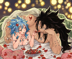 Rule 34 | 1boy, 1girl, :q, bed sheet, black hair, blue hair, breasts, brown eyes, cleavage, couple, fairy tail, food, gajeel redfox, happy valentine, head rest, heart, heart-shaped pillow, jewelry, levy mcgarden, long hair, lying, manly, medium breasts, necklace, nose piercing, off shoulder, on back, petals, piercing, pillow, rusky, sleeveless, spiked hair, tongue, tongue out, twitter username, under covers, upper body