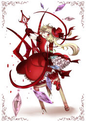 Rule 34 | 1girl, alternate costume, backless dress, backless outfit, blonde hair, broken, chair, crystal, dress, flandre scarlet, flower, frilled dress, frilled sleeves, frills, from behind, full body, gloves, hat, hat flower, hat ribbon, high heels, highres, long hair, looking at viewer, looking back, multicolored wings, one side up, open mouth, petticoat, puffy short sleeves, puffy sleeves, red dress, red eyes, red flower, red footwear, red gloves, red hat, red ribbon, red rose, ribbon, rose, short sleeves, solo, top hat, touhou, wings, wooden chair, yamineko (evergrace)