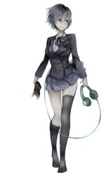 Rule 34 | 1girl, alice (sinoalice), asymmetrical legwear, black thighhighs, blouse, blue hair, collared shirt, contemporary, empty eyes, full body, headphones, holding, holding shoes, jacket, looking to the side, muted color, red eyes, ribbon, school uniform, shirt, shoes, short hair, simple background, sinoalice, skirt, socks, solo, suit jacket, thighhighs, uneven legwear, unworn shoes, white background, white shirt