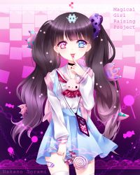 Rule 34 | &gt; o, 10s, 1girl, :p, animal hands, aqua nails, backpack, bag, bandaid, bandaid on leg, blue eyes, blue skirt, blunt bangs, blush, border, brown hair, candy, chain, character name, closed mouth, collarbone, copyright name, english text, finger to mouth, food, gradient background, head tilt, heterochromia, high-waist skirt, highres, holding, holding food, index finger raised, lace, lace border, lollipop, long hair, long sleeves, looking at viewer, mahou shoujo ikusei keikaku, mahou shoujo ikusei keikaku aces, mifuku, nail polish, nakano sorami, one eye closed, ornate border, pink background, pink eyes, red nails, school uniform, serafuku, shirt, silhouette, skirt, smile, solo, swirl lollipop, symbol-shaped pupils, thighhighs, tongue, tongue out, twintails, white shirt, white thighhighs, wrapped candy