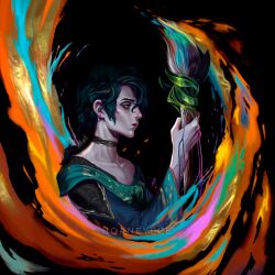 Rule 34 | 1boy, absurdres, artist name, black background, black hair, collarbone, colorful, earrings, from side, highres, hoaneybee, holding, holding paintbrush, hwei (league of legends), jewelry, league of legends, long hair, long sleeves, male focus, multicolored hair, oversized object, paintbrush, ponytail, profile, solo, streaked hair, wide sleeves
