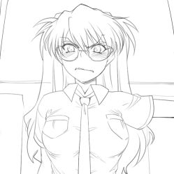 Rule 34 | 1girl, angry, bespectacled, blush, breasts, glasses, greyscale, hairu, large breasts, long hair, monochrome, necktie, neon genesis evangelion, shirt, short sleeves, solo, souryuu asuka langley, unfinished