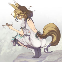 Rule 34 | 1girl, :d, animal ears, ass, backless outfit, bare back, blonde hair, breasts, clothing cutout, commentary request, fox ears, fox girl, fox tail, from behind, green ribbon, highres, holding, holding test tube, jumpsuit, kudamaki tsukasa, looking down, motion lines, onesie, open mouth, ribbon, rock, romper, short hair, small breasts, smile, socks, solo, squatting, syope, tail, tail through clothes, test tube, touhou, white jumpsuit, white socks, yellow eyes
