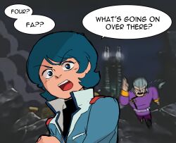Rule 34 | 2boys, black eyes, black sweater, blue eyes, blue hair, blue jacket, braid, braided ponytail, commentary, double mmia, english commentary, english text, facial hair, g gundam, grey hair, gundam, highres, in-franchise crossover, jacket, kamille bidan, long hair, looking at viewer, low ponytail, male focus, master asia, motion blur, multiple boys, mustache, open mouth, pants, portrait, purple jacket, purple pants, running, short hair, solo focus, speech bubble, sweater, zeta gundam