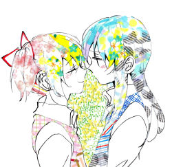Rule 34 | 2girls, abstract, akemi homura, cherry blossom print, cherry blossoms, close-up, closed eyes, closed mouth, collared shirt, colorful, double exposure, eyelashes, face-to-face, floral print, flower, from side, green flower, hair ribbon, half-closed eyes, happy, hibiscus, high collar, itsu (artist), kaname madoka, light blush, light smile, long hair, long sleeves, looking at another, mahou shoujo madoka magica, mahou shoujo madoka magica (anime), multiple girls, noses touching, pink flower, plaid, profile, red ribbon, ribbon, shirt, simple background, striped, twintails, unmoving pattern, upper body, vest, white background, white flower