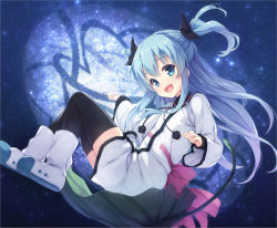 Rule 34 | 10s, 1girl, :d, black thighhighs, blue eyes, blue hair, blush, boots, hair ribbon, long hair, looking at viewer, matching hair/eyes, noel (sora no method), open mouth, ribbon, senji (tegone spike), smile, solo, sora no method, thighhighs, two side up