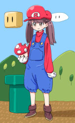 Rule 34 | 1girl, :t, blue overalls, boots, brown footwear, brown hair, clip studio paint (medium), commentary request, cosplay, gloves, hat, holding, holding mushroom, kantai collection, long hair, mario, mario (cosplay), mario (series), mountain, mushroom, nintendo, overalls, red hat, red shirt, rotating block, ryuujou (kancolle), shirt, solo, super mario world, super mushroom, tonmoh, tree, twintails, warp pipe, white gloves