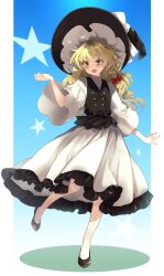 Rule 34 | 1girl, alternate costume, blonde hair, blush, bow, braid, frills, hair bow, hat, hat bow, highres, kirisame marisa, long hair, long skirt, meji aniki, open mouth, puffy sleeves, shoes, side braid, simple background, skirt, solo, star (symbol), touhou, white bow, witch hat, yellow eyes