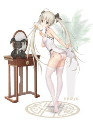 Rule 34 | 1girl, ahoge, ass, bare arms, bare shoulders, bigxixi, black bow, bow, breasts, china dress, chinese clothes, closed mouth, commentary request, dress, full body, grey eyes, grey hair, hair bow, hand fan, holding, kasugano sora, lifted by self, long hair, looking at viewer, looking back, mirror, no shoes, panties, paper fan, plant, side-tie panties, simple background, sleeveless, sleeveless dress, small breasts, soles, solo, standing, stuffed animal, stuffed rabbit, stuffed toy, thighhighs, tiptoes, twintails, uchiwa, underwear, very long hair, white background, white dress, white panties, white thighhighs, yosuga no sora