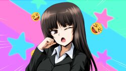 Rule 34 | &gt; &lt;, 1girl, :d, black hair, black jacket, blazer, brown eyes, commentary request, dress shirt, emoji, emphasis lines, frown, girls und panzer, half-closed eye, hand on own face, highres, jacket, kamishima kanon, long sleeves, mature female, multicolored background, nishizumi shiho, one eye closed, open mouth, portrait, shirt, smile, solo, star (symbol), starry background, tracen ondo (song), white shirt, wing collar