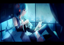 Rule 34 | 1girl, aqua hair, black skirt, black thighhighs, blue eyes, crying, curtains, detached sleeves, grey shirt, hair between eyes, hair ornament, hatsune miku, headphones, highres, holding, indoors, knees, letterboxed, lococo:p, long hair, looking down, miniskirt, nail polish, necktie, night, paper, parted lips, pencil, pillow, pleated skirt, rain, shadow, shirt, sitting, skirt, star (symbol), thighhighs, twintails, very long hair, vocaloid, wide sleeves, window