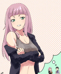 Rule 34 | 2girls, ^ ^, absurdres, black hair, black jacket, breasts, cigarette, cleavage, clenched teeth, closed eyes, closed mouth, collarbone, commentary, crop top, green eyes, grey tank top, highres, holding, holding cigarette, jacket, koharu (yoru no kurage wa oyogenai), large breasts, long hair, looking at viewer, midriff, multicolored hair, multiple girls, mutsuki (mutsuki0110), one side up, open clothes, open jacket, pink hair, polka dot, polka dot background, short hair, single off shoulder, streaked hair, tank top, teeth, watase kiui, yoru no kurage wa oyogenai