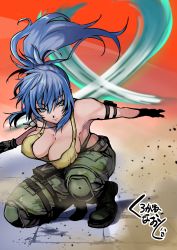 Rule 34 | 1girl, absurdres, belt, blue eyes, blue hair, boots, breasts, camouflage, cleavage, combat boots, dog tags, earrings, floor, gloves, highres, jewelry, kurogane naoto (churushiko), large breasts, leona heidern, pocket, ponytail, signature, snk, solo, tank top, the king of fighters, the king of fighters xiv, the king of fighters xv, yellow tank top