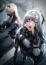 Rule 34 | 2girls, ak-12, ak-12 (girls&#039; frontline), akanbe, an-94, an-94 (girls&#039; frontline), assault rifle, bad id, bad pixiv id, black ribbon, blue eyes, braid, eyelid pull, french braid, from above, gas mask, girls&#039; frontline, gloves, gun, highres, kalashnikov rifle, long hair, mask, multiple girls, open mouth, partially fingerless gloves, pink eyes, platinum blonde hair, ribbon, rifle, sakaki rin, sidelocks, silver hair, standing, tactical clothes, taunting, tongue, tongue out, weapon