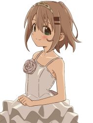 Rule 34 | 1girl, armpit peek, blush, brown hair, closed mouth, collarbone, decocharaseal, dress, flat chest, green eyes, hair between eyes, hair ornament, hairclip, looking at viewer, looking to the side, short hair, smile, solo, tiara, white background, white dress, yama no susume, yukimura aoi