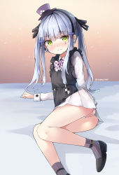Rule 34 | 1girl, absurdres, apron, bed sheet, black apron, black footwear, black hairband, black ribbon, blush, closed mouth, commentary, covering privates, covering ass, facial mark, frilled apron, frills, girls&#039; frontline, green eyes, grey socks, hair between eyes, hair ornament, hair ribbon, hairband, hat, highres, hk416 (black kitty&#039;s gift) (girls&#039; frontline), hk416 (girls&#039; frontline), long hair, long sleeves, looking at viewer, mini hat, nose blush, panties, pleated skirt, purple headwear, ribbed legwear, ribbon, shirt, shoes, silver hair, skirt, sob (submar1089), socks, solo, tilted headwear, twintails, underwear, very long hair, white panties, white shirt, white skirt