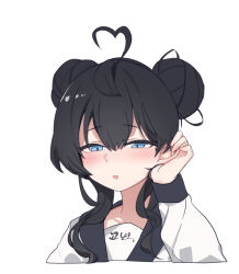 Rule 34 | 1girl, ahoge, aningay, black hair, black sailor collar, blue eyes, blush, cropped torso, double bun, hair between eyes, hair bun, half-closed eyes, hand up, heart, heart ahoge, highres, long hair, long sleeves, original, parted lips, puffy long sleeves, puffy sleeves, sailor collar, school uniform, serafuku, shirt, simple background, sleeves past wrists, solo, upper body, white background, white shirt