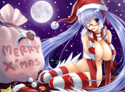 Rule 34 | 1girl, bag, blue eyes, blue hair, blush, breasts, candy, candy cane, christmas, cleavage, elbow gloves, food, full moon, glasses, gloves, hat, large breasts, long hair, matching hair/eyes, moon, mouth hold, naked scarf, nude, okitakung, one eye closed, original, red-framed eyewear, red gloves, sack, santa costume, santa hat, scarf, semi-rimless eyewear, skindentation, solo, striped clothes, striped scarf, striped thighhighs, thighhighs, twintails, very long hair, wink