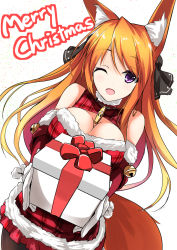 Rule 34 | 1girl, ;d, animal ears, bare shoulders, bell, black pantyhose, blonde hair, box, breasts, brown hair, christmas, cleavage, cleavage cutout, clothing cutout, cowboy shot, dutch angle, elbow gloves, fatkewell, fox ears, fox tail, fur trim, gift, gift box, giving, gloves, gradient hair, hair ribbon, halterneck, highres, holding, jewelry, jingle bell, large breasts, long hair, looking at viewer, merry christmas, miniskirt, multicolored hair, one eye closed, open mouth, orange hair, original, pantyhose, pendant, plaid, pleated skirt, pom pom (clothes), purple eyes, ribbon, rika eastre, santa costume, skirt, smile, solo, tail, turtleneck, white background