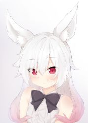 Rule 34 | 1girl, animal ears, bare shoulders, black bow, blush, bow, center frills, closed mouth, collared shirt, fox ears, frills, gradient background, gradient hair, grey background, hair between eyes, highres, long hair, looking at viewer, multicolored hair, original, red eyes, red hair, sakuma hiragi, shirt, sleeveless, sleeveless shirt, solo, upper body, white background, white hair, white shirt
