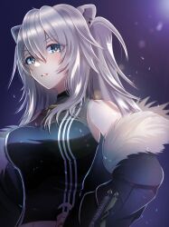 Rule 34 | 1girl, absurdres, animal ears, black jacket, black nails, black shirt, blush, breasts, cleavage, cropped shirt, ear piercing, fur-trimmed jacket, fur trim, grey eyes, grey hair, hand on own hip, highres, hololive, jacket, large breasts, lily lily, lion ears, lion girl, long hair, looking at viewer, messy hair, nail polish, navel, piercing, see-through, see-through cleavage, shirt, shishiro botan, shishiro botan (1st costume), sleeveless, sleeveless shirt, smile, solo, virtual youtuber