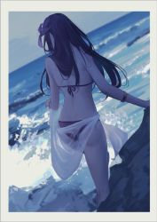Rule 34 | 1girl, ass, beach, bikini, border, bracelet, commentary, dutch angle, fate/grand order, fate (series), feet out of frame, flower, from behind, hair flower, hair ornament, hibiscus, jewelry, mash kyrielight, mash kyrielight (swimsuit of perpetual summer), ocean, purple bikini, purple hair, reroi, rock, sarong, scathach (fate), scathach (fate), scathach (fate/grand order), scathach (swimsuit assassin) (fate), sky, solo, swimsuit, waves, white border, white sarong