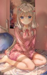 Rule 34 | 1girl, absurdres, barefoot, bed, bedroom, blue eyes, blush, bow, collared shirt, commentary, eromanga sensei, futon, hair bow, highres, huge filesize, indoors, izumi sagiri, long hair, long sleeves, looking at viewer, neck ribbon, on bed, pajamas, pillow, pink pajamas, pink ribbon, poster (object), ribbon, shadow, shirt, sidelocks, silver hair, sitting, smile, solo, starlime, twintails