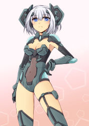 Rule 34 | 10s, 1girl, armor, armpits, blue eyes, blush, bodysuit, bracer, breasts, cleavage, covered navel, cowboy shot, cross (crossryou), date a live, faulds, frown, garter straps, gloves, gradient background, hair between eyes, hand on own hip, headgear, leotard, looking at viewer, pauldrons, pink background, see-through, short hair, shoulder armor, silver hair, solo, thigh strap, thighhighs, tobiichi origami, turtleneck