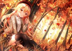 Rule 34 | 1girl, absurdres, autumn leaves, beret, black thighhighs, blonde hair, blush, brown hat, closed mouth, commentary request, day, dutch angle, feet out of frame, forest, grey skirt, hair between eyes, hand up, hat, highres, holding, holding leaf, huge filesize, jacket, kohaku muro, leaf, long hair, long sleeves, maple leaf, nature, on grass, open clothes, open jacket, original, outdoors, plaid, plaid skirt, pleated skirt, puffy long sleeves, puffy sleeves, red eyes, shirt, sitting, skirt, sleeves past wrists, smile, solo, thighhighs, tree, very long hair, white shirt