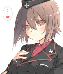 Rule 34 | ..., 10s, 1girl, black hat, black jacket, blush, brown eyes, brown hair, closed mouth, commentary request, dress shirt, embarrassed, garrison cap, girls und panzer, hair between eyes, hand on own chest, hat, heart, highres, jacket, kuromorimine military uniform, light frown, long sleeves, looking at viewer, military, military hat, military uniform, nishizumi maho, portrait, red shirt, shirt, short hair, simple background, solo, spoken ellipsis, spoken heart, tabuchi (tabuchisanchi), uniform, white background