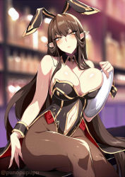 Rule 34 | 1girl, :&lt;, bare shoulders, blush, breasts, brown hair, cleavage, clothing cutout, collarbone, detached collar, duplicate, fate/grand order, fate (series), frown, indoors, long hair, looking at viewer, navel cutout, pointy ears, puuzaki puuna, semiramis (fate), solo, yellow eyes