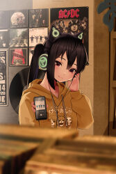 Rule 34 | 1girl, absurdres, ac/dc, black hair, brown eyes, cellphone, closed mouth, commentary, earphones, english commentary, hair between eyes, highres, hirasawa yui, holding, holding phone, hood, hoodie, indoors, k-on!, led zeppelin, long hair, long sleeves, nakano azusa, phone, poster (object), queen (band), skull print, smartphone, smile, solo, tainaka ritsu, taqi99, the beatles, twintails, yellow hoodie