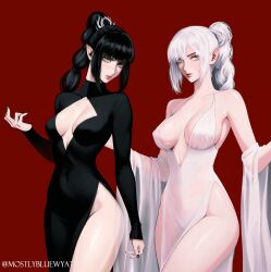 Rule 34 | 2girls, arms up, baldur&#039;s gate, baldur&#039;s gate 3, black dress, black hair, breasts, commentary, dress, dungeons &amp; dragons, english commentary, green eyes, highres, looking at viewer, mostlybluewyatt, multiple girls, pointy ears, ponytail, red background, scar, scar on face, shadowheart (baldur&#039;s gate), side slit, white dress, white hair