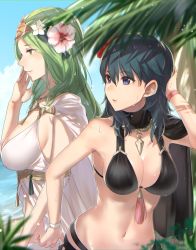 Rule 34 | 2girls, bikini, black bikini, blue eyes, blue hair, blue sky, breasts, byleth (female) (fire emblem), byleth (female) (summer) (fire emblem), byleth (fire emblem), cleavage, closed mouth, cloud, day, fire emblem, fire emblem: three houses, fire emblem heroes, flower, from side, green eyes, green hair, hair flower, hair ornament, haru (nakajou-28), highres, large breasts, long hair, looking to the side, multiple girls, nintendo, official alternate costume, outdoors, parted lips, rhea (fire emblem), sky, swimsuit, upper body, water