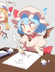 Rule 34 | 2girls, 3:, 60mai, bat wings, blonde hair, blue hair, blush, breasts, brooch, commentary, crumpled paper, crystal, desk, dress, fang, feathers, flandre scarlet, flying sweatdrops, grey background, hat, hat ribbon, holding, holding feather, ink bottle, jewelry, long hair, mob cap, multiple girls, one side up, open mouth, paper, pink dress, pink headwear, puffy short sleeves, puffy sleeves, quill, red eyes, red ribbon, red vest, reiwa, remilia scarlet, ribbon, shirt, short sleeves, siblings, simple background, sisters, small breasts, sweat, touhou, translated, upper body, vest, white headwear, white shirt, wings, writing, | |