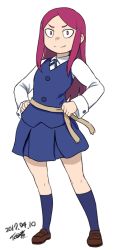 Rule 34 | 10s, 1girl, blue dress, blue skirt, blue socks, brown footwear, commentary request, dated, dress, extra, flat chest, hair ornament, hairpin, hands on own hips, kneehighs, little witch academia, long hair, parted bangs, red eyes, red hair, sarah bernhardt, shoes, signature, simple background, skirt, smile, smug, socks, solo, standing, timestamp, tsukudani (coke-buta), white background