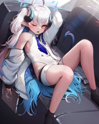 Rule 34 | 1girl, ;o, absurdres, ahoge, armpits, blue archive, blue hair, blue necktie, breasts, clothing cutout, couch, demon horns, demon tail, doyoon 7, gradient hair, grey hair, halo, highres, horns, jacket, looking at viewer, multicolored hair, necktie, on couch, one eye closed, side cutout, small breasts, solo, sumomo (blue archive), tail, tears, two side up, white jacket, white unitard