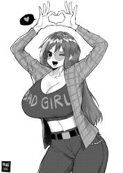 Rule 34 | 1girl, artist name, belt, breasts, cleavage, collarbone, commission, cowboy shot, crop top, curvy, facing viewer, greyscale, happy, heart, heart hands, highres, long hair, looking at viewer, midriff, monochrome, navel, norman maggot, one eye closed, original, pants, shirt, simple background, smile, solo, standing, sunglasses, white background, wink