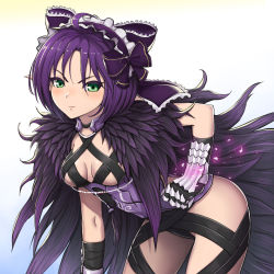 Rule 34 | 1girl, ahoge, bent over, breasts, character request, cleavage, commentary request, gauntlets, green eyes, hairband, highres, lolita hairband, long hair, looking at viewer, phantasy star, phantasy star online 2, purple hair, solo, yuki7128