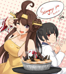 Rule 34 | &gt;:), 10s, 2016, 2girls, ;d, \m/, ahoge, alternate costume, apron, bare shoulders, black hair, blush, breasts, brown hair, darkmaya, dated, detached sleeves, double bun, fingernails, fish, food, hairband, isokaze (kancolle), kantai collection, kappougi, kongou (kancolle), large breasts, long fingernails, long hair, long sleeves, looking at viewer, multiple girls, naked apron, one eye closed, open hands, open mouth, pie, polka dot, polka dot background, ponytail, red eyes, remodel (kantai collection), ribbon-trimmed sleeves, ribbon trim, sardine, scrunchie, sidesaddle, signature, smile, smug, star (symbol), stargazy pie, translation request, tray, v-shaped eyebrows
