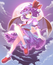 Rule 34 | 1girl, ankle socks, ascot, bad id, bad pixiv id, bat wings, bloomers, brooch, cloud, flying, frilled skirt, frilled socks, frills, full moon, hat, hat ribbon, highres, jewelry, light purple hair, loafers, looking at viewer, mob cap, moon, naox, night, outdoors, puffy short sleeves, puffy sleeves, purple sky, red eyes, red footwear, red moon, remilia scarlet, ribbon, sash, shoes, short hair, short sleeves, skirt, skirt set, sky, smile, socks, solo, touhou, underwear, wings, wrist cuffs