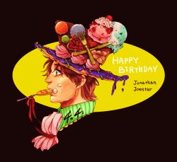 Rule 34 | 1boy, bad id, bad pixiv id, cake, candy, cookie, dated, food, food-themed clothes, green eyes, happy birthday, ice cream, icing, jojo no kimyou na bouken, jonathan joestar, lollipop, male focus, mouth hold, pochino, profile, red hair, solo, solo focus, sweets