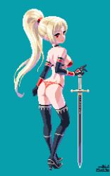 Rule 34 | 1girl, ass, bikini, blonde hair, boots, elbow gloves, from behind, gloves, high heel boots, high heels, holding, holding sword, holding weapon, long hair, mabius, original, pixel art, red bikini, red eyes, simple background, solo, swimsuit, sword, thigh boots, very long hair, weapon