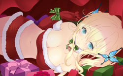 Rule 34 | 10s, 1girl, aqua eyes, bare shoulders, bell, neck bell, blonde hair, boku wa tomodachi ga sukunai, box, breasts, butterfly hair ornament, cait aron, cleavage, collar, elbow gloves, female focus, gift, gift box, gloves, hair ornament, highres, kashiwazaki sena, large breasts, lying, midriff, miniskirt, navel, on side, red gloves, santa costume, skirt, solo, strapless, tube top